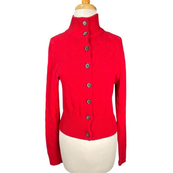 Tommy Hilfiger Red Cable Knit Button Cardigan Women’s Large 100% Cotton Preppy - Picture 1 of 13